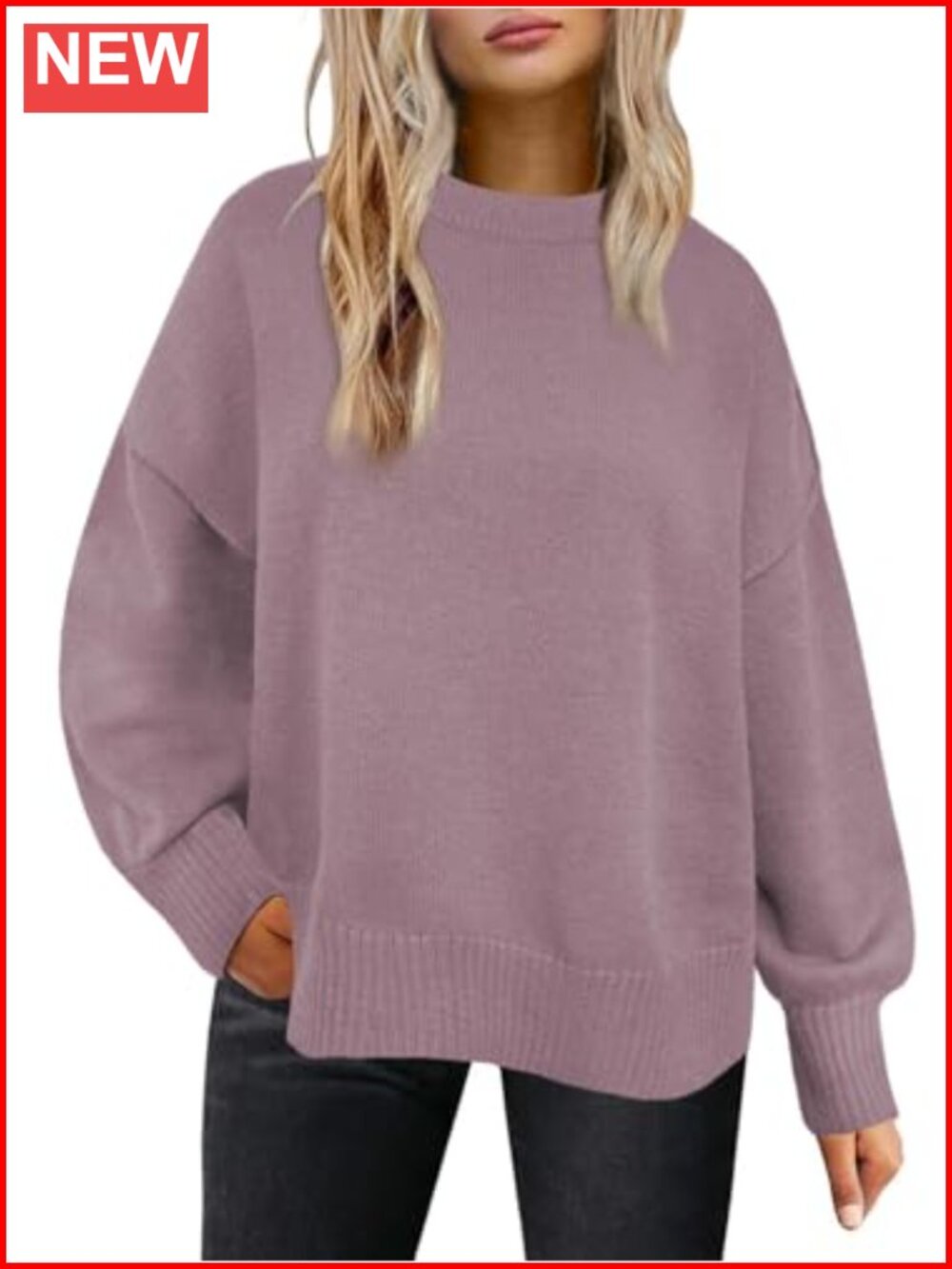 Oversized Crewneck Sweater Long Sleeve Tunic Pullover Ribbed Cuffs Hem